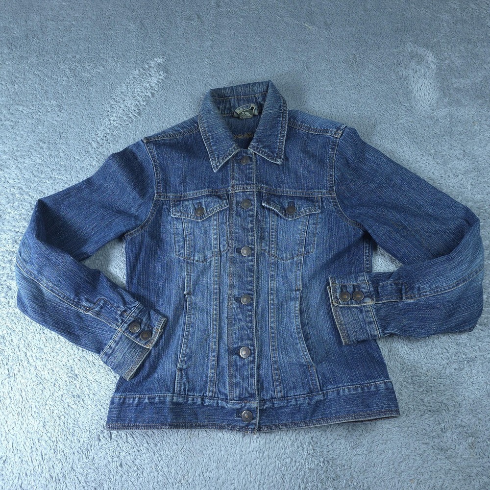 Eddie Bauer Jacket Womens XS Blue Denim Jean Button Front Stretch Classic Fitted